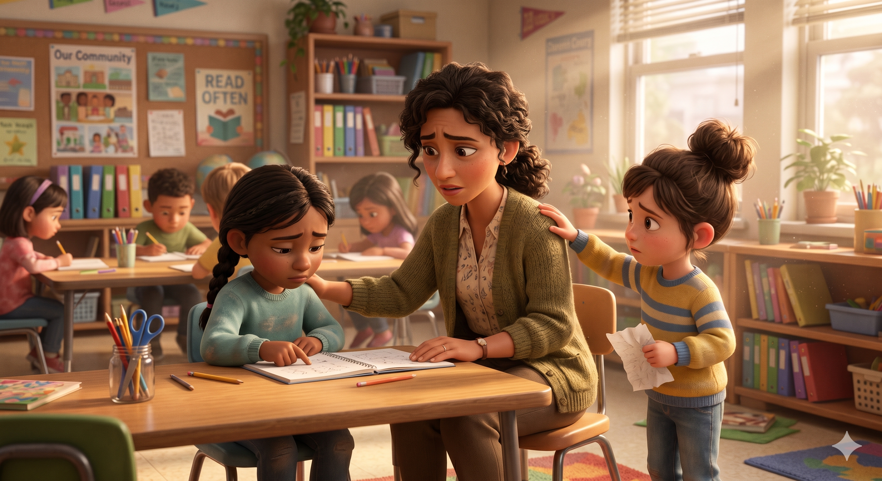 Overwhelmed teacher in classroom